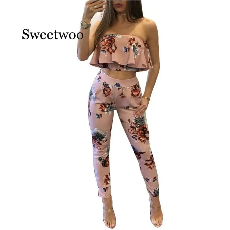 Women print ruffles crop top long pants 2 piece set for female women 2020 autumn new off shoulder two piece set women's suits