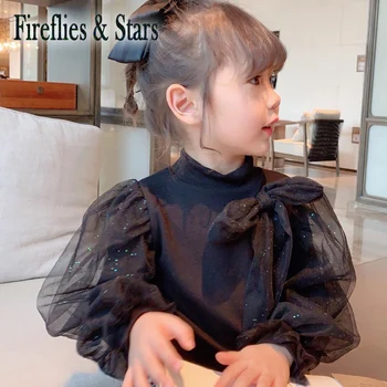 

Spring Autumn girls T shirt Baby tee kids tops Children fashion clothes ins basic bow lacing mesh puff sleeve ruched 1 to 6 yrs