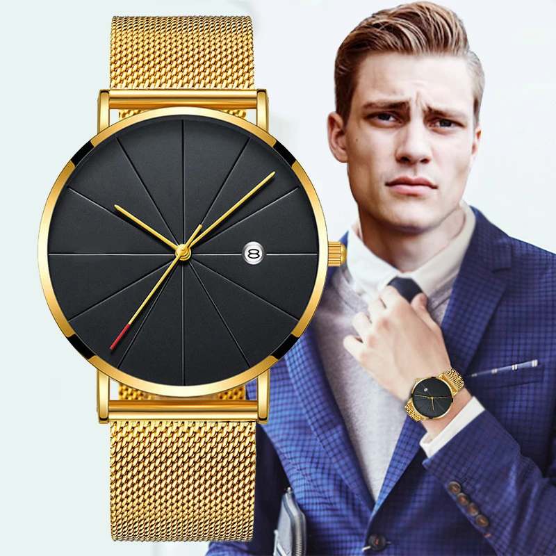 

Ultra Thin Mens Watches Business Leisure Quartz WristWatch Stainless Steel Mesh Strap Dial Date Clock Gift Relogio Masculino