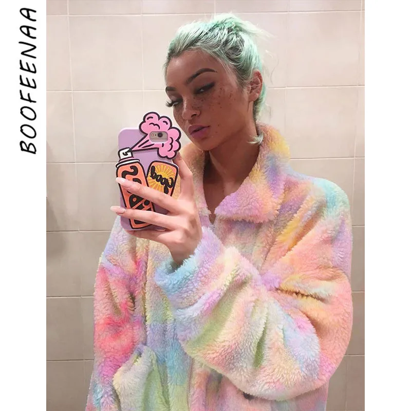 BOOFEENAA/Зимние плюшевые пальто и куртки радужной расцветки с галстуком женская уличная одежда из искусственного меха флисовая плюшевая негаб... BOOFEENAA/Зимние плюшевые пальто и куртки радужной расцветки с галстуком женская уличная одежда из искусственного меха флисовая плюшевая негаб...