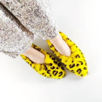 

Womens Pointed Toe Fur Flats Leopard Slip On Casual Shoes Lazy Shoes