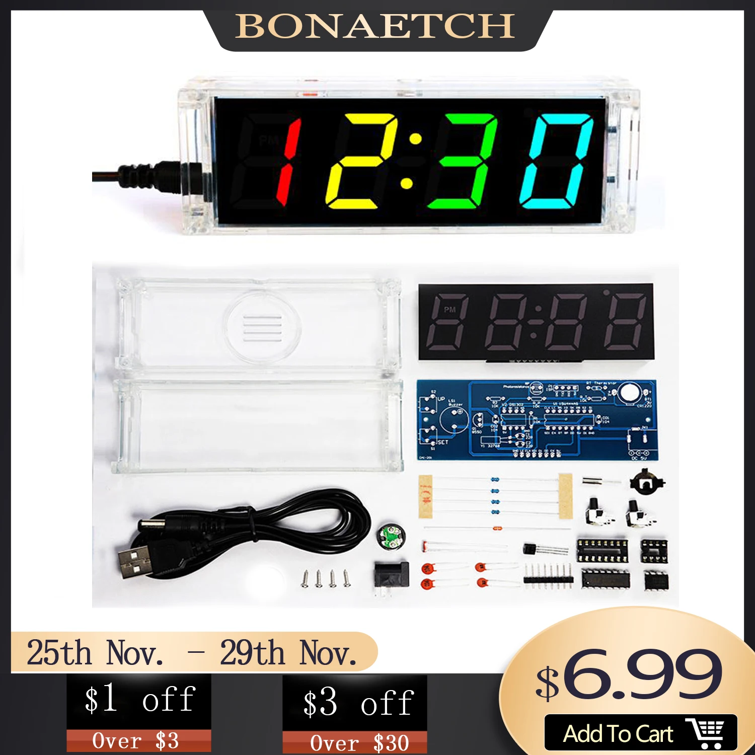 diy electronic clock kit 4 digital tube multicolor LED time week temperature date display with clear case cover sodering | Электронные