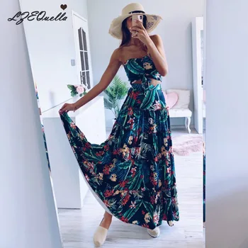 

Sexy 2 Piece Women Set Strapless Bow Crop top Long Skirt Bodycon Set Bohemian Female Skirts Floral Print Boho Women sets