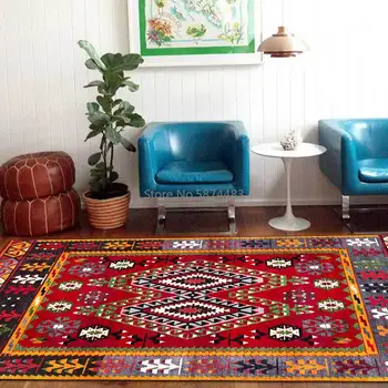 

Bohemian Persian Red Ethnic Pattern Geometric Living Room Bedroom Bedside Carpet Floor Mats