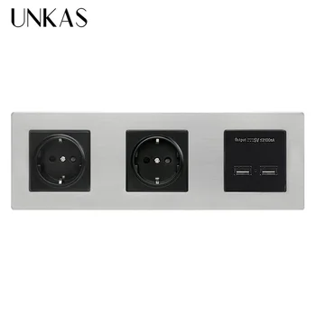 

UNKAS Dual USB Smart Charging Port 5V 2A Output EU Standard Wall Stainless Steel Panel Double Socket 16A Electrical Outlet