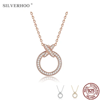 

SILVERHOO 925 Sterling Silver Cubic Zirconia Necklace Women's Fine Jewelry Anniversary Gift Round Design Pop Fashion Pendant