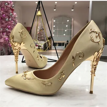 

Women Flower Metal Decorations Heel Pumps Genuine Leather Sheepskin Lining Pointed Toe Shoes Women High Heels Pumps