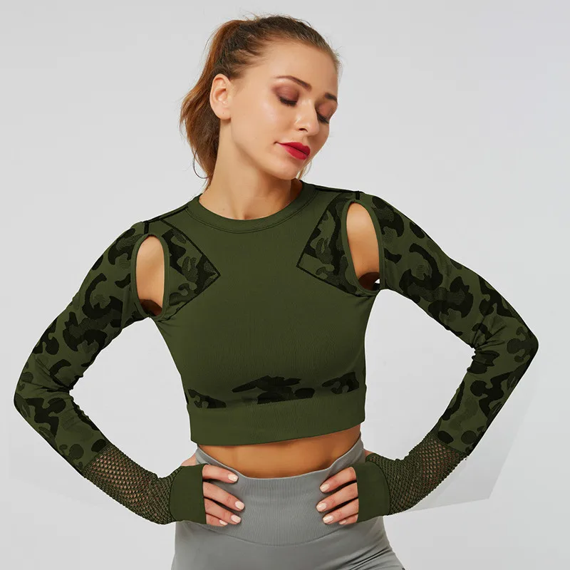 Skup Colorvalue Camo bez szwu sportowe siłownia joga Crop Tops kobiety oddychająca Mesh Fitness szkolenia sportowe upraw koszule z otworami na kciuk