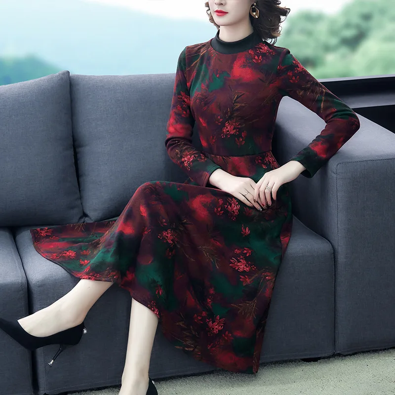 

Europe And America 2019 plus Velvet Base Long Skirts Women's Winter Dress over-the-Knee Long with Overcoat Lady Kuotaitai