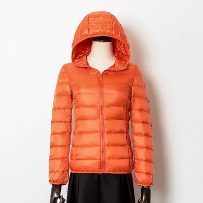 Orange Hooded Осенне-зимняя женская тонкая куртка-пуховик на белом утином пуху, парка, женский ультра-светильник, пальто, Короткие топы, куртка размера плюс, Женская куртка - Цвет: Orange Hooded