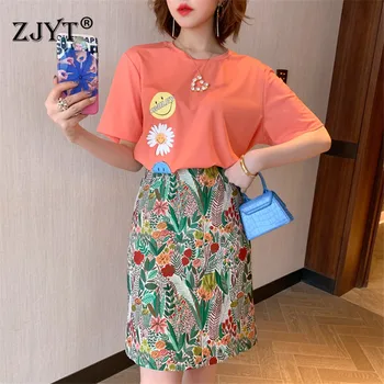 

2020 New Summer Designer Skirt Set for Women Matching Sets Elegant Casual Print Two Piece TShirt Top and Skirts Office Suit Sets
