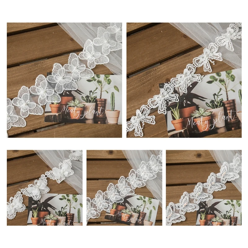 1 Yard Butterfly Embroidered Lace Trim Ribbon Pearl Beaded DIY Sewing Applique F3MD