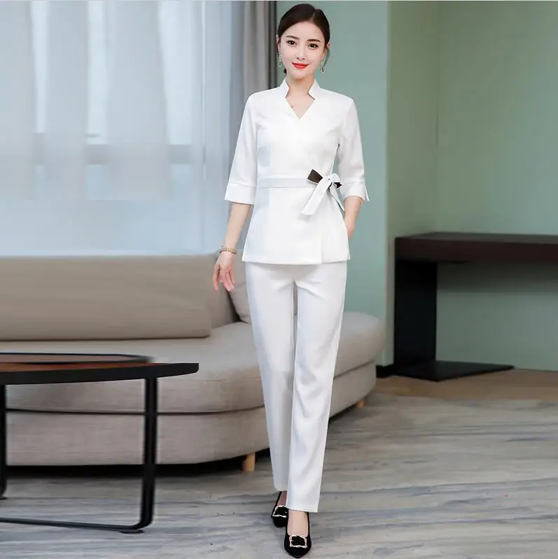 SPA Workwear Overalls Autumn Summer White Massage Work Uniform Sets Hospital Nurse Three Quarter Sleeve Uniforms Beauty Clothing - Цвет: White