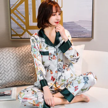

Satin Pajamas Female Spring and Autumn Thin Section Long-sleeved Long Pants Home Two-piece Suit Womens Pajamas Sleepwear