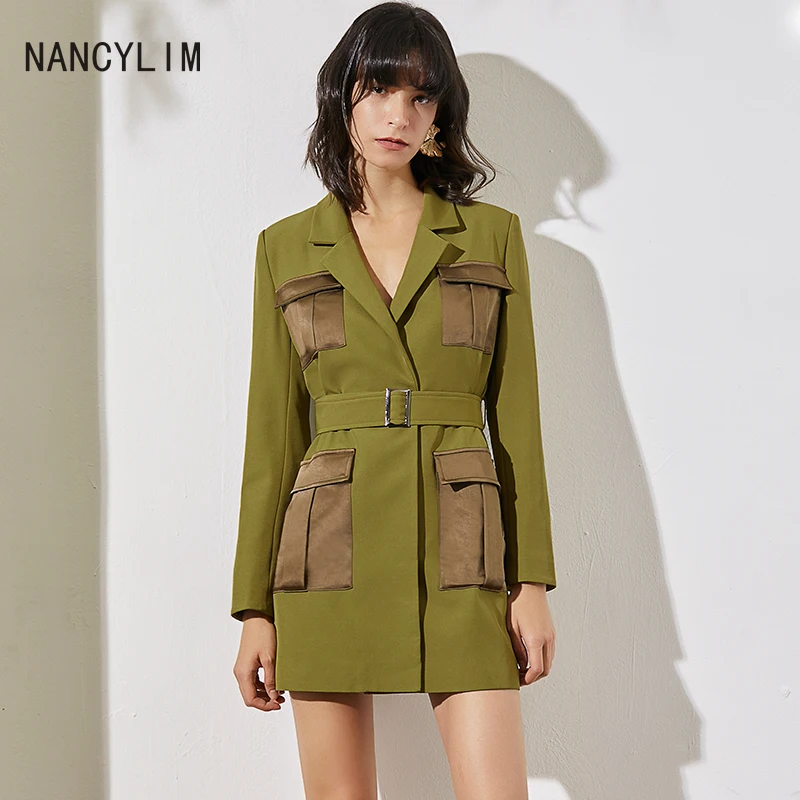 

Spring Autumn Simple Fashion Avocado Green Belt Body Fitting Windbreaker Long-sleeved Suit Hit Color Splice Coat Trench 2019