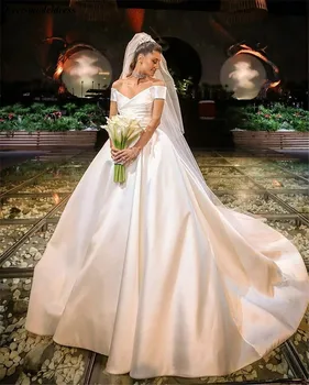 

Off Shoulder Satin Wedding Dresses 2020 Corset Back Draped Pleats Simple Ball Gown Bride Dress Bridal Gowns Vestido De Noiva