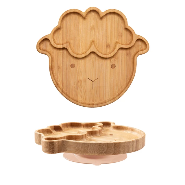1PC Bamboo Wooden Dinnerware Baby Feeding Accessories Cartoon Animals Elephant Dinner Plate With Sucker Baby Products Gifts Sheep peach