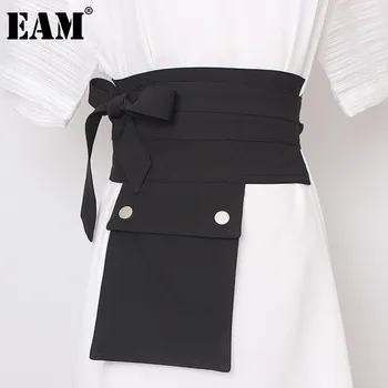 

[EAM] Black Pocket Split Joint Long Pocket Wide Belt Personality Women New Fashion Tide All-match Spring Autumn 2020 1Y873
