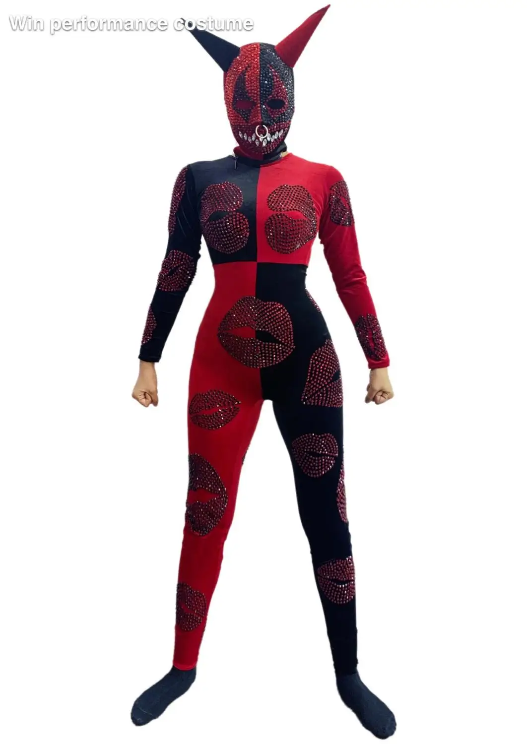 Halloween Outfit Bodysuit Singer Party Show Shining Wear Stage Rhinestone CostumeRed ghost head mask headgear Cosplay Adult Scar