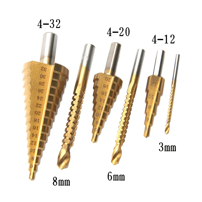 6 pces hss aço titânio passo broca conjunto 4-12/20/32mm cortador de furo de metal madeira cone núcleo perfuração buraco viu ferramenta + 3,6,8 viu broca