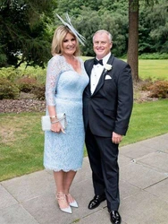 Light Sky Blue Lace Short Mother of the Bride Dresses Tea Length Column Formal Wedding Party Guest Evening Banquet Gowns