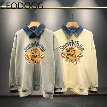 

Ceodogg Contrast Color Patch Letter Print Hoodies Female Turn Down Collar Long Sleeve Casual Sweatshirt Pullover Loose Top Women
