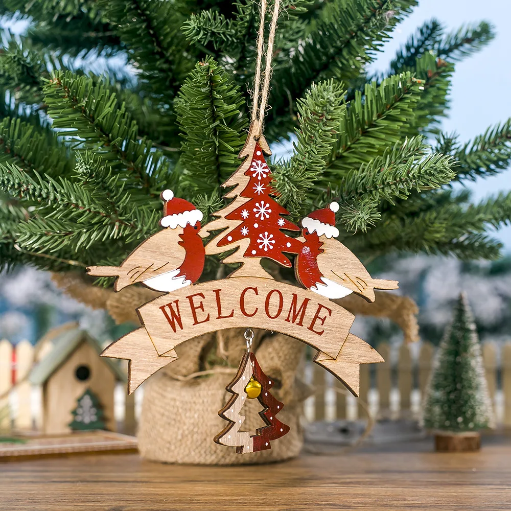 Welcome Merry Christmas Decorations Wood Hang Pendant Elk Angel Bell Xmas Christmas Tree Decoration Ornament Navidad