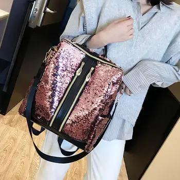 

2020 Fashion Women Sequin Large Capacity Faux Leather School Backpack Shoulder Bag