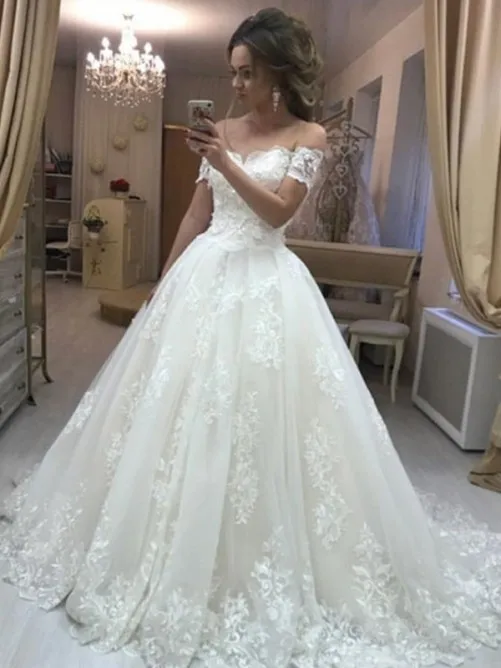 

2019 New Off The Shoulder Sleeveless Tulle Appliques Short Train Wedding Dresses Robe de mariee ball gowns vestido de noiva
