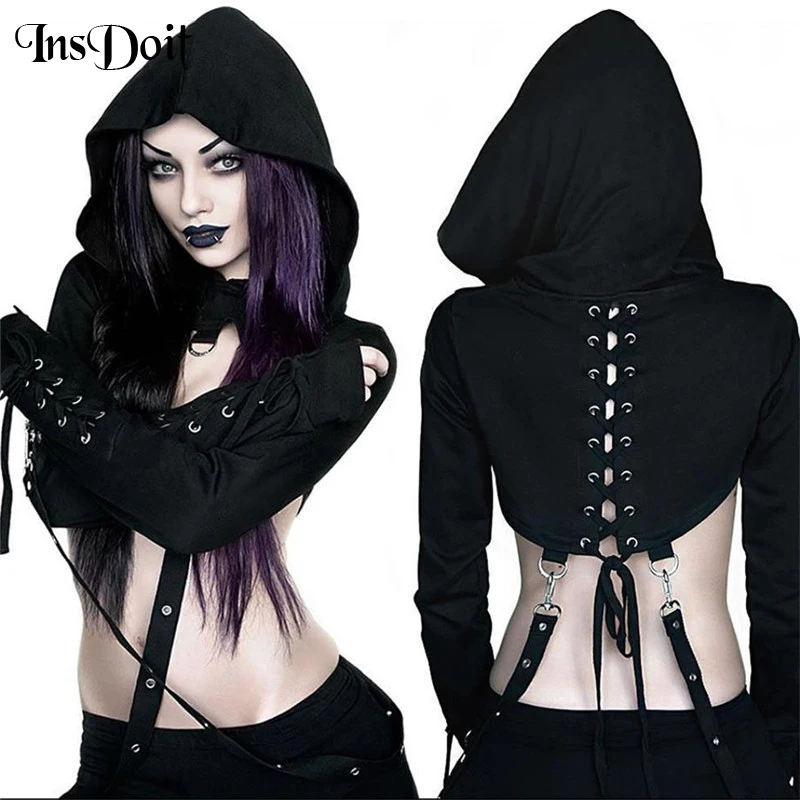 InsDoit Punk Autumn Hoodies Women Gothic Clothes Bandage Streetwear Harajuku Hooded Vintage Long Sleeve Fashion Sexy Crop Top