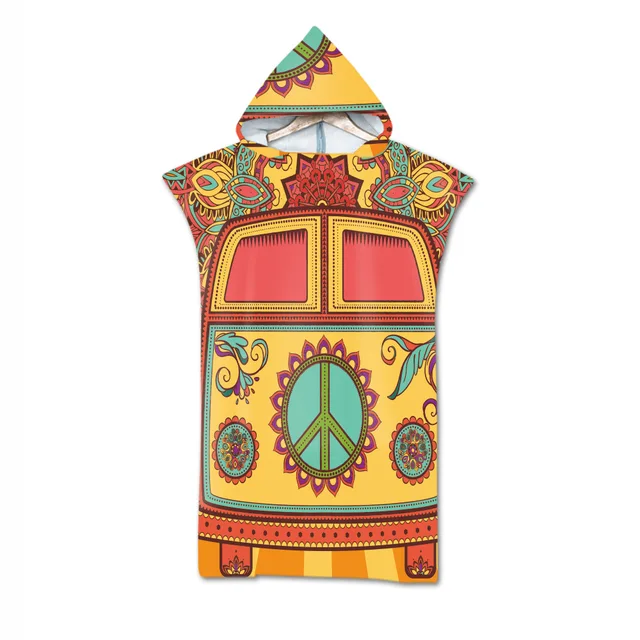 Adult Kids Microfiber Quick Drying Peace and Love Pattern Absorbent Hooded Beach Bath Towel Diving Suit Changing Robes Poncho 12