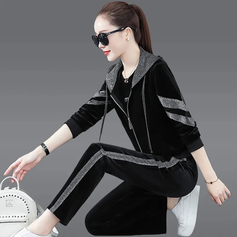 Korean Velour Three Piece Set Casual Zipper Hooded Jacket + T-shirt Tracksuit Straight Pant Suits Velvet  Women Spring Ensemble