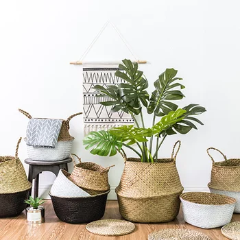 

Seagrass Wickerwork Basket Rattan Flower Pot Laundry Hamper Storage Straw Basket J8