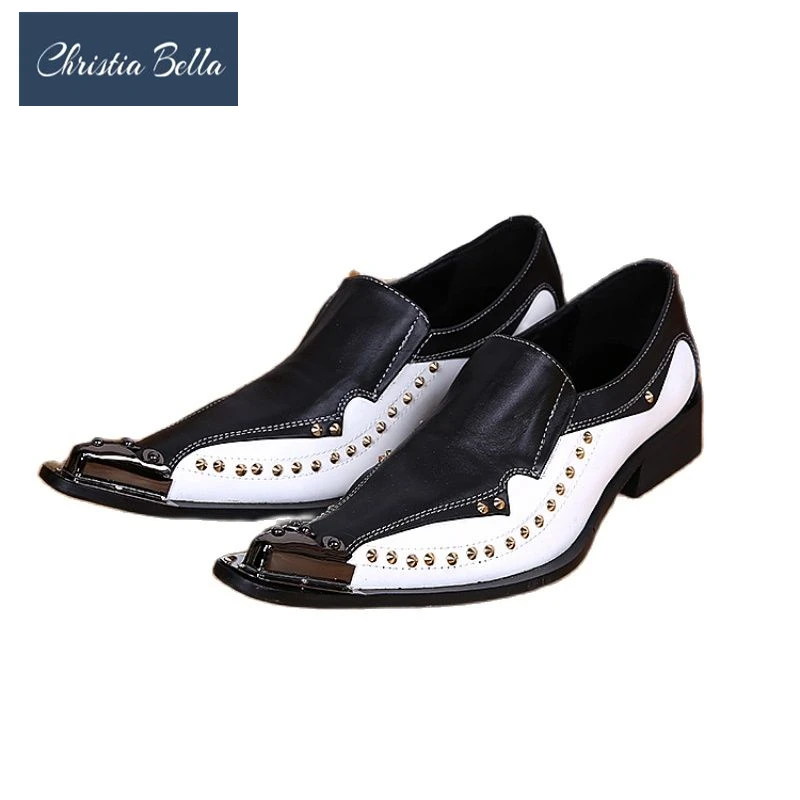 

Christia Bella Fashion British Style Metal Pointed Toe Shoes Black and White Joint Genuine Leather Rivet Party Shoes for Men