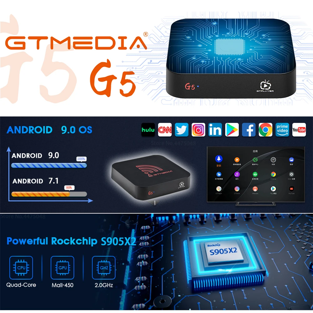 Android 9.0 Smart TV Box GTMEDIA G5 ,Amlogic S905X2 4GB RAM +64GB ROM ,Built-in Wifi 2.4G+5G,BT 4.0, USB 3.0 Google Set Top Box