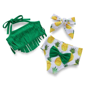 

3pcs Newborn Baby Girl swimwear pineapple Print Tassel Top Shorts Headbands swimming costume Swimsuit Bathing Suit Beachwear