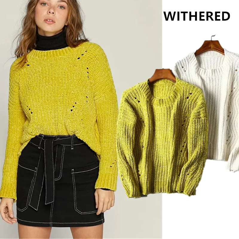 Withered england style high street vintage hole chenille loose winter sweaters women pull femme sweaters women pullovers tops
