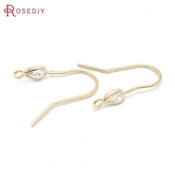 

(37667)6PCS Height 19MM 24K Gold Color Brass and Zircon Drop Shape Earrings Hooks Jewelry Making Supplies Findings Accessories