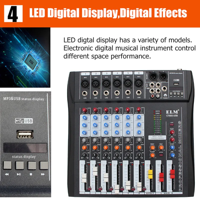 Digital Audio Mixer with USB DJ Sound Mixing