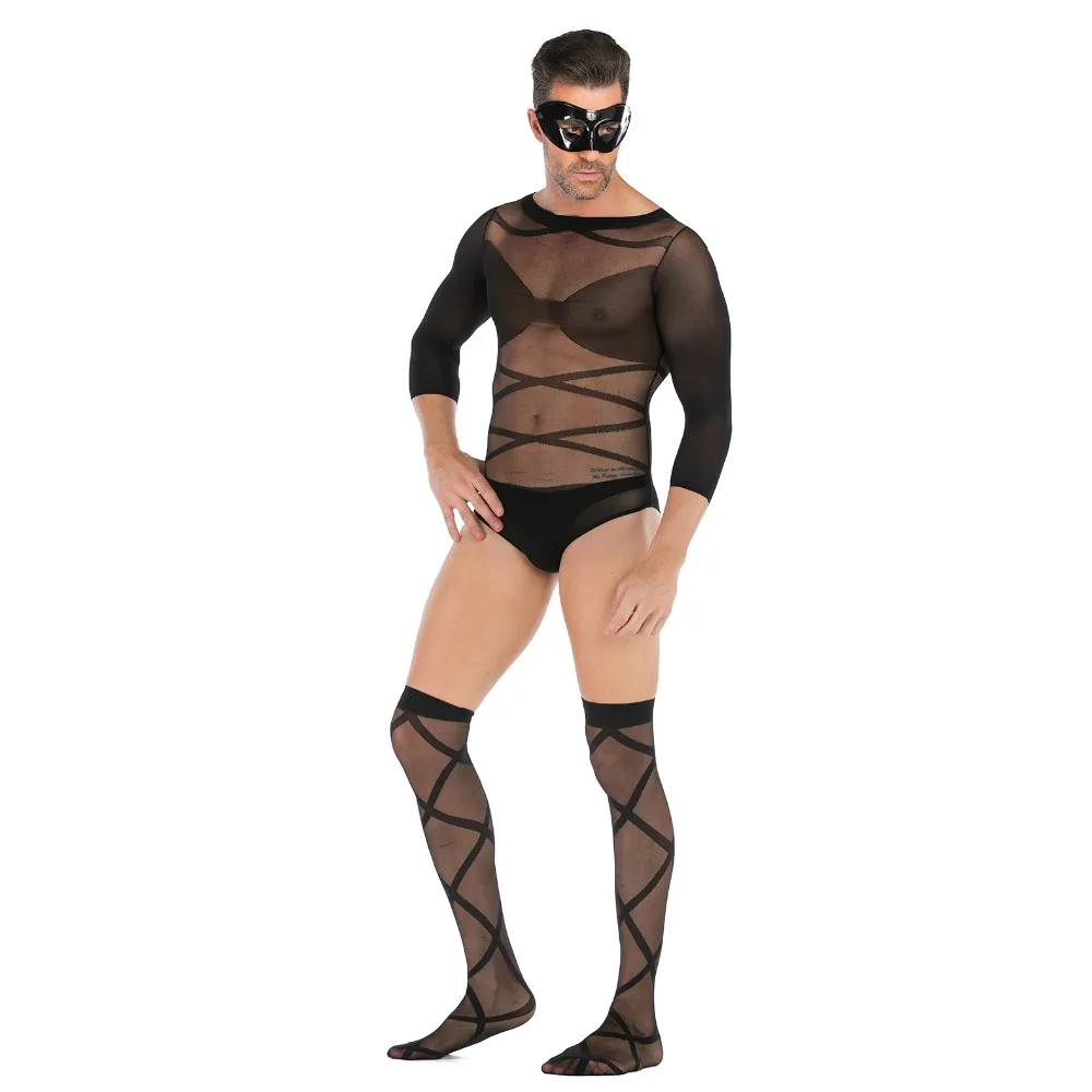 Sexy man silk 3pcs bodystocking plus size lingerie (No mask ) mens underwear pouch