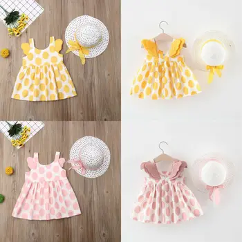 

Toddler Kids Baby Girls 6M-3T Summer Outfits Polka Dots Dress Sunhat 2Pcs Set Sunsuit