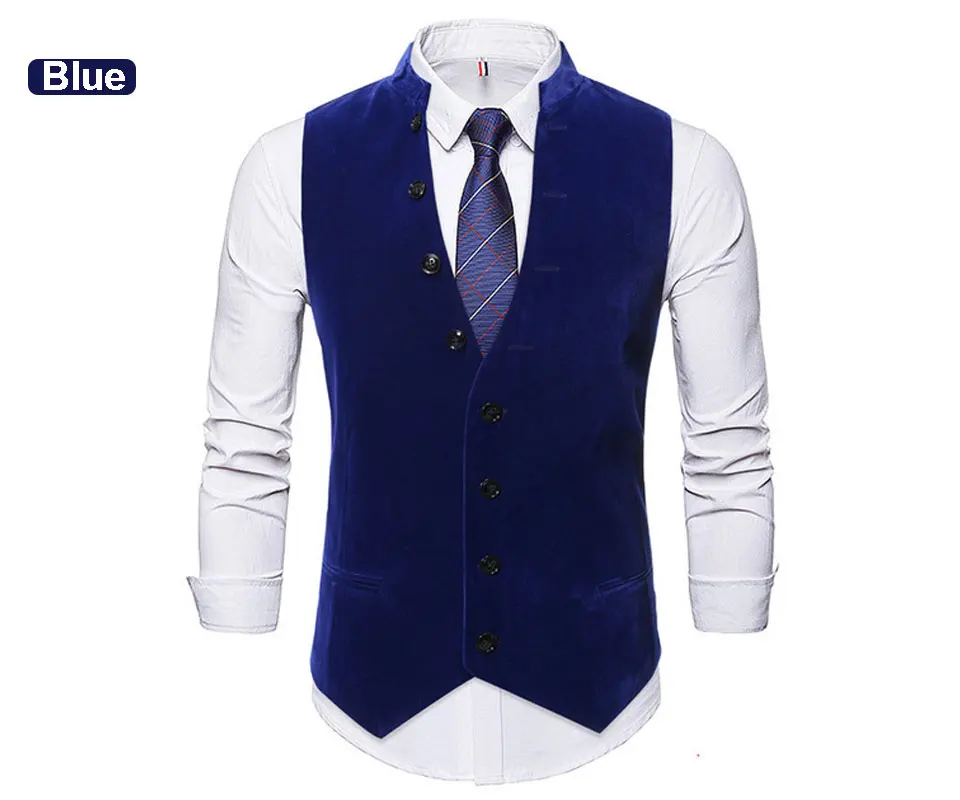 Autumn Winter Mens Vest Suit Casual Mens Sleeveless Suit Vest Solid Color Black Cotton Single Breasted Men's Waistcoat Gilet - Цвет: Blue