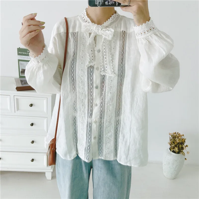 Johnature 2020 New Vintage Linen Bow Collar Hollow