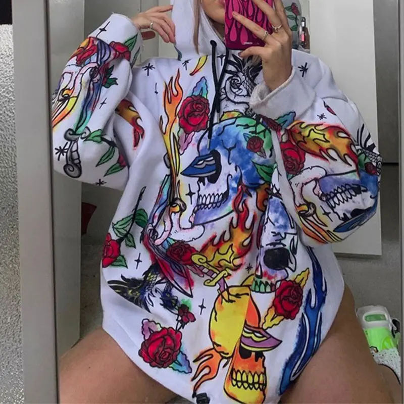 

Floral Print Hooded Women's Long Sweatshirt Autumn Cartoon Printing Casual Hoody 2019 New Oversized White Black Hoodies Female