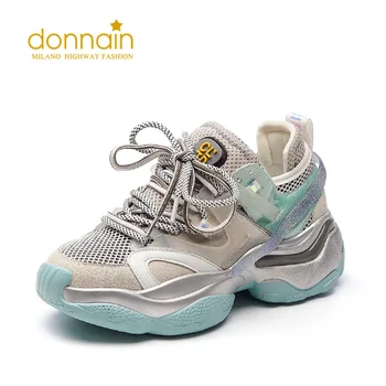 

DONNAIN Autumn Genuine Cow Leather Running Shoes Round Toe Mesh Chunky Sneakers Black Casual Lace up Flats Women Big Size