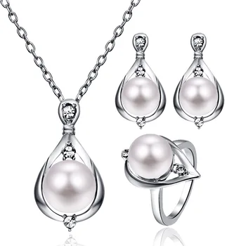 

DSHOU39 Silver Pearl water drop Set Pearl Necklace Earrings Ring Three Set