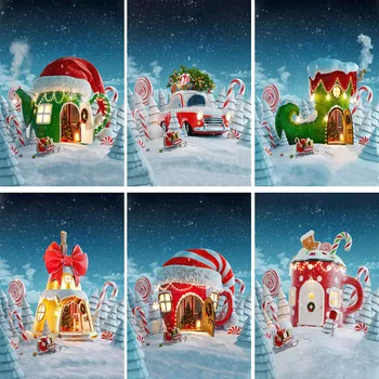 

Merry Christmas Photographic Backdrop Red Car Snow Candy Canes Gifts Migical Forest Vinyl Photo Studio Photography Background