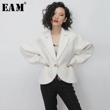 

[EAM] Loose Fit White Split Joint Short Woolen Coat Parkas New Long Lantern Sleeve Women Fashion Tide Spring Autumn 2020 1N111