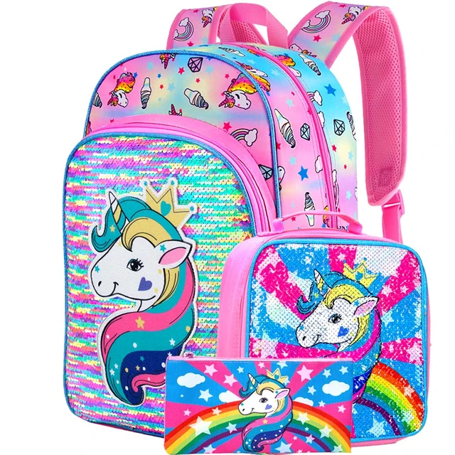 School Backpack for Girls,Cute Rainbow-Print Backpacks with Lunch Box,Kids  School Bag BookBags for Elementary Preschool(Black)