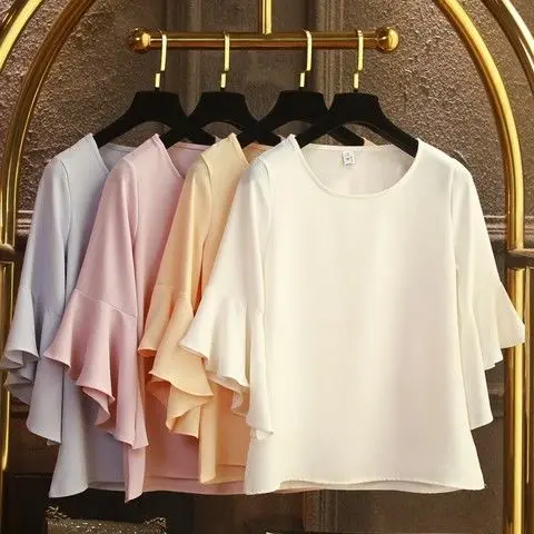 

Women Blouse Spring and Summer Korean Fashion Round Neck Loose Joker Chiffon Shirt Top Women Ruffle Sleeve Baby Shirt Summer